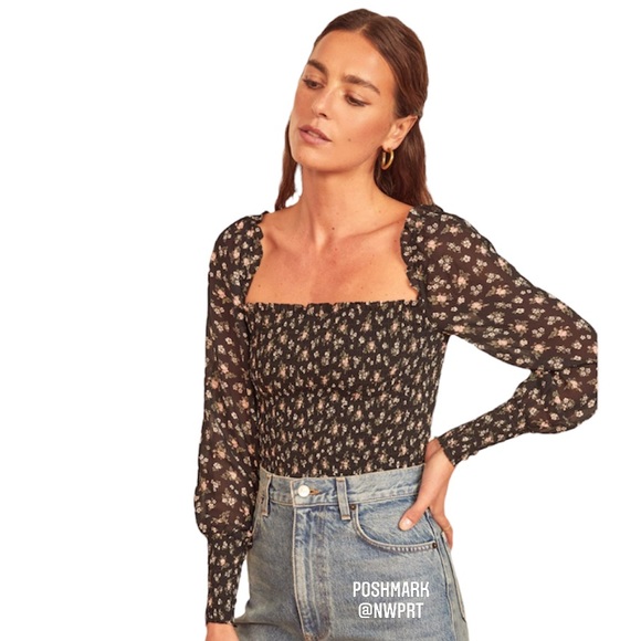 Reformation Tops - REFORMATION ❥ Pinto Smocked Blouse Freesia Black Floral Print Small S